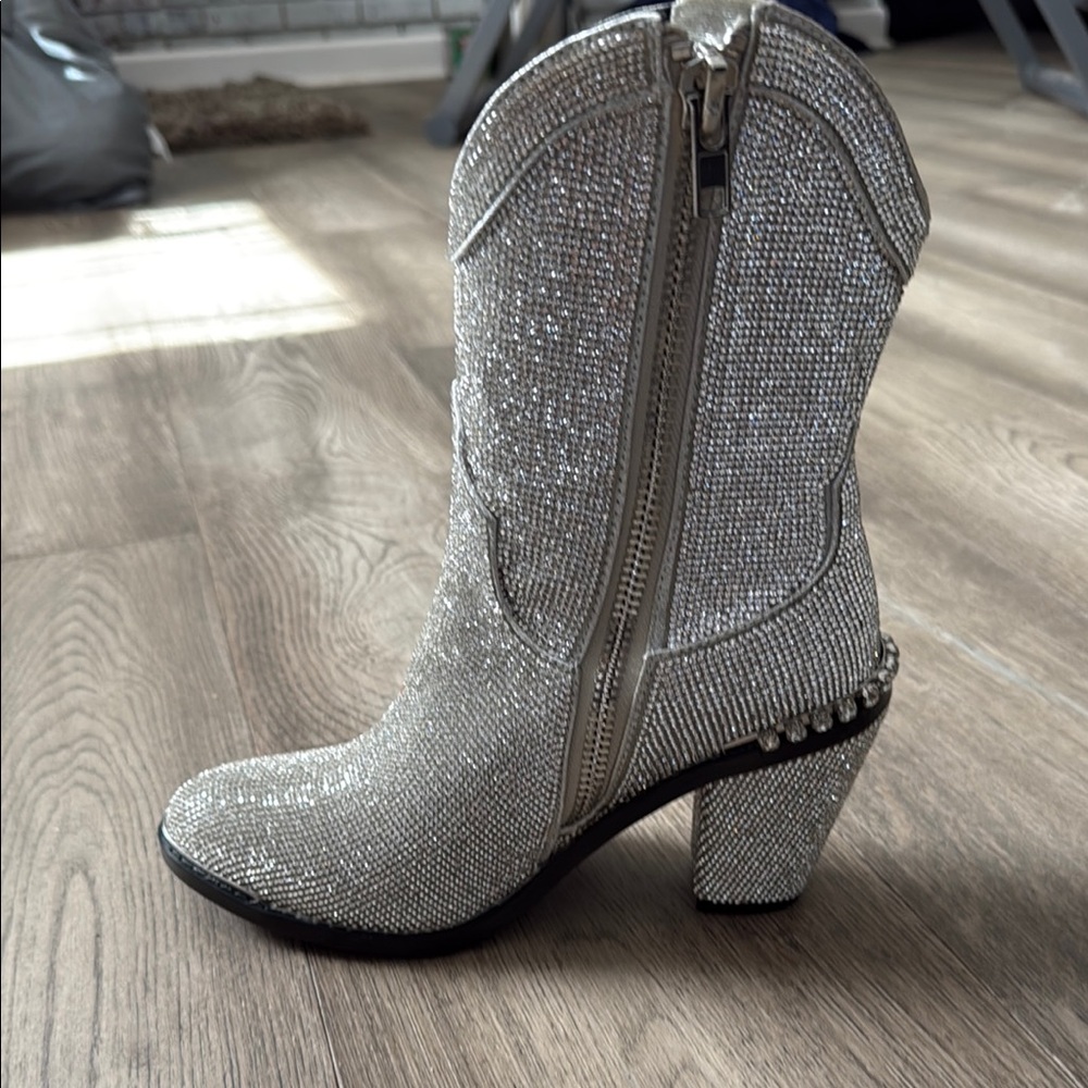 Shimmering Rhinestone Silver Heeled Ankle Boots - Picture 3 of 3